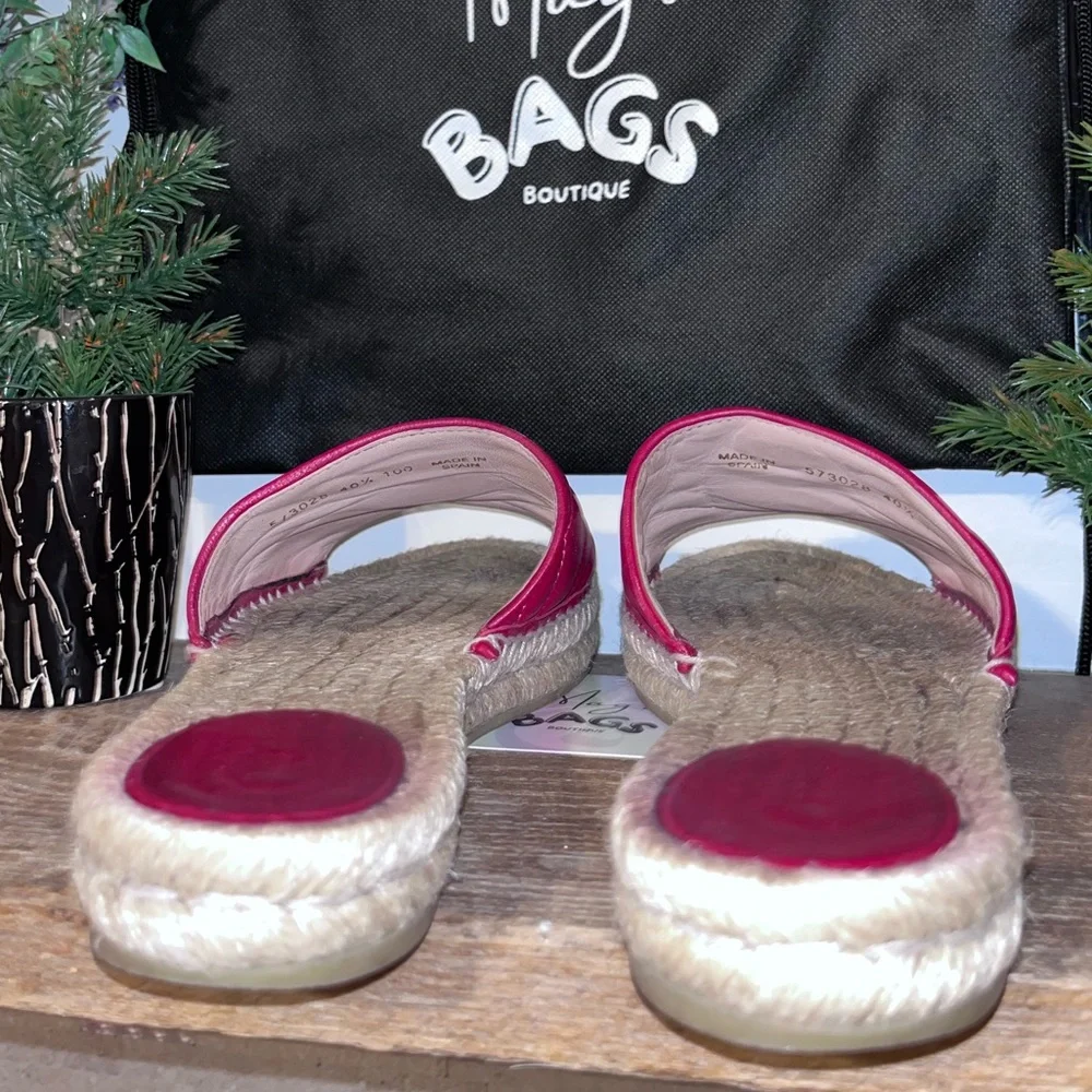 Gucci: GG Marmont Sandals Pilar Leather Espadrille Double Logo Sliders - Picture 8 of 15